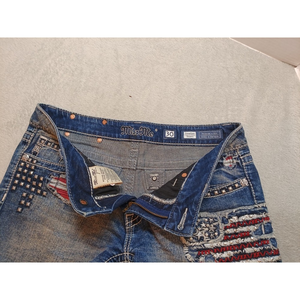Miss Me Tattered Patriotic Embellished Flag Shorts Crystal Studs 30 Jean Shorts - Picture 7 of 12